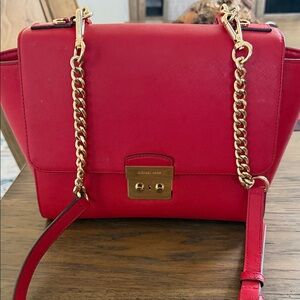 Michael Kors Bright Red Leather Shoulder Bag with Gold Chain